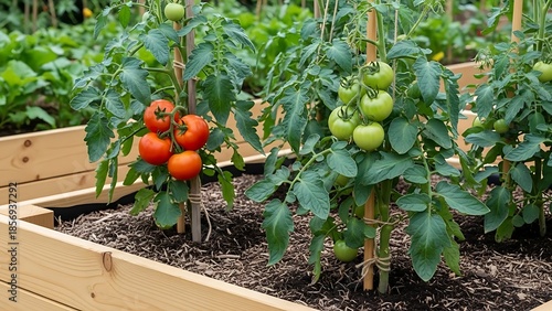 Ripe red and green tomatoes growing on plants in a wooden raised garden bed in a home vegetable garden