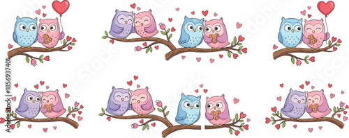 Cute romantic owl couples illustration set with hearts balloons cookies on branches for Valentine love greeting cards designs
