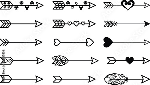 Decorative arrow icons set with hearts leaves feathers clovers for love boho wedding tattoo logo border black line vector design