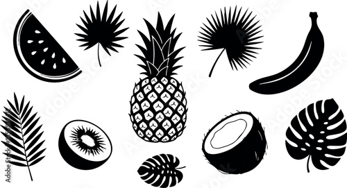 Tropical fruit and palm leaf silhouette vector with pineapple banana and coconut illustration 