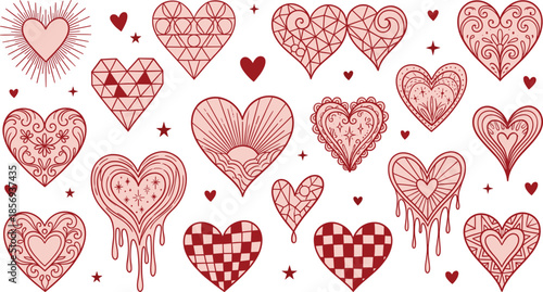 Decorative red heart illustrations set with geometric floral hand drawn patterns for Valentine romantic wedding boho tattoo vector design collection