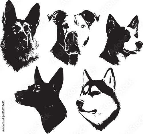 Five Dog Face Silhouette Vector Set