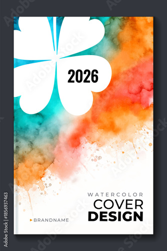 Watercolor booklet flyer colourful cover template on white background with clover leaf