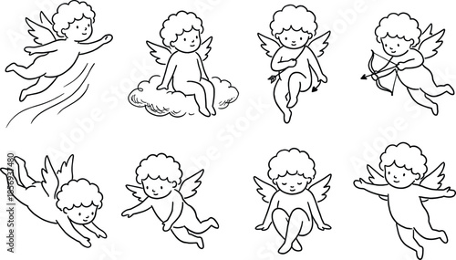 Hand drawn cupid cherub vector set of eight flying and sitting angels with wings bows hearts for Valentine wedding design