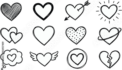 Hand drawn heart doodle icons set with love symbols arrows wings broken hearts for Valentine romantic sketch vector designs