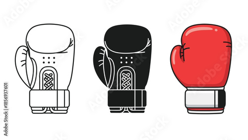 Set of three boxing gloves icons outline, silhouette and colored red
