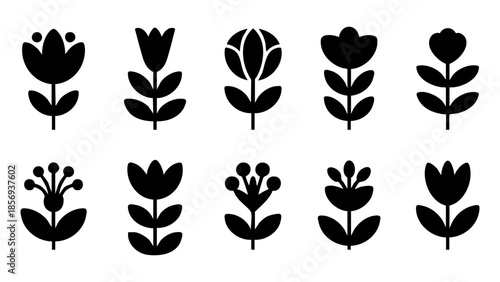 Minimalist scandinavian flower and leaf silhouette icon set, Black floral vector elements for modern botanical branding, Collection of abstract nature symbols for web and 
