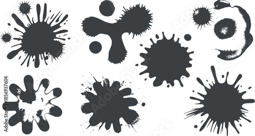 Eight black ink blot splatters in various shapes white