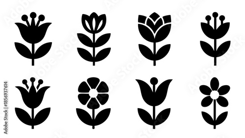 Black floral vector elements for scandinavian style branding, Simple organic plant and flower icons in flat vector style