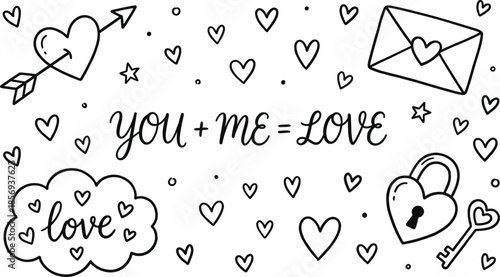 Hand drawn love doodle illustration with hearts arrows envelope lock key romantic quote you plus me equals love vector design