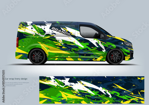 Stylish automotive wrap design showcasing dynamic stripe elements on a modern hatchback vehicle. Suitable for visual presentations related to transportation, vehicle customization, and graphic design 