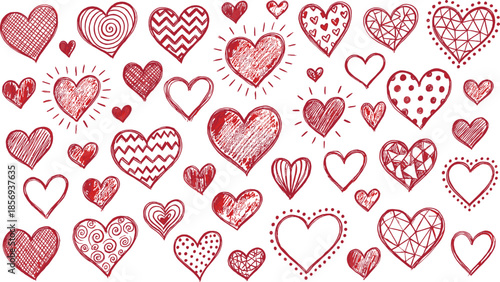 Hand drawn red heart doodles collection with sketch patterns textures for Valentine romantic love background vector illustration design set elements