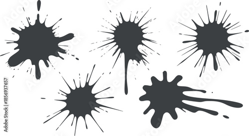 Five black ink splatter shapes in minimalist artistic composition white