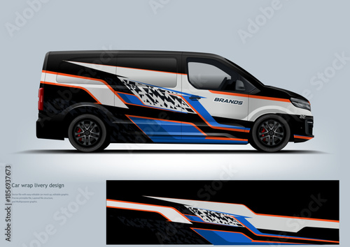 Stylish automotive wrap design showcasing dynamic stripe elements on a modern hatchback vehicle. Suitable for visual presentations related to transportation, vehicle customization, and graphic design 