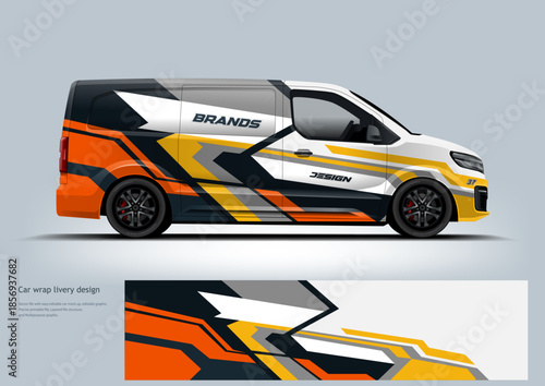 Stylish automotive wrap design showcasing dynamic stripe elements on a modern hatchback vehicle. Suitable for visual presentations related to transportation, vehicle customization, and graphic design 