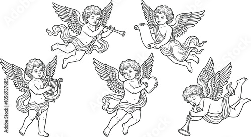 Hand Drawn Vintage Angel Cherub Illustration Set with Musical Instruments and Scrolls for Religious Art, Tattoo, Logo, Decor Designs