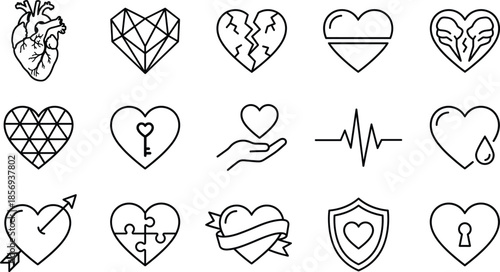 Heart line icons set with anatomical geometric broken love symbols for medical romantic tattoo logo outline vector collection design elements