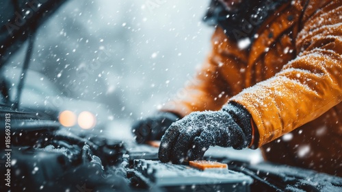 Stunning photo of Person working on a car engine outdoors in heavy falling snow.