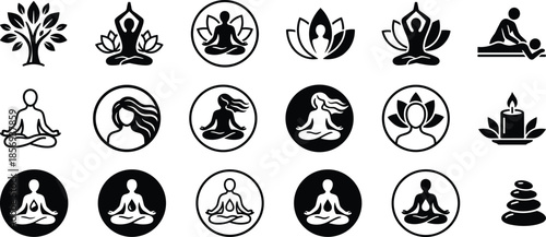 Meditation yoga wellness icons set with lotus chakras mindfulness spa relaxation symbols black silhouette vector collection design elements holistic balance