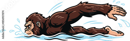 Gorilla Swimming Illustration Powerful Animal Fitness Artwork