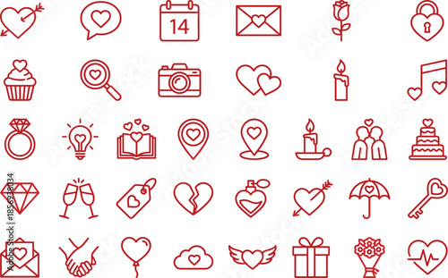 Red valentine line icons set with hearts gifts calendar envelope romance love symbols minimal outline vector illustration collection design elements