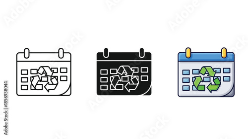 Recycling calendar icon set outline, solid black and color variations for waste management and environmental scheduling