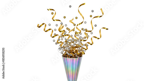 Foto Festive party popper with gold and silver confetti isolated PNG, celebration ele