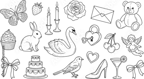 Romantic love doodle icon set with flowers animals desserts hearts wedding elements hand drawn outline vector illustration collection black white