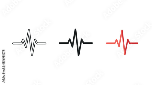 Set of three heart rate monitor line icons representing electrocardiogram ecg or heartbeat rhythm in different styles outline, solid black, and red gradient light gray