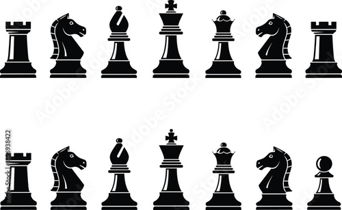 Black chess pieces vector set, rook knight bishop king queen pawn icons, classic strategy board game silhouettes design