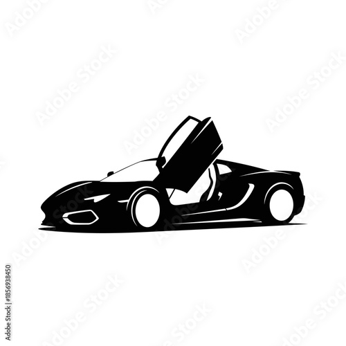 Silhouette illustration of a sleek, modern sports car with open doors against a clean white background, showcasing automotive design