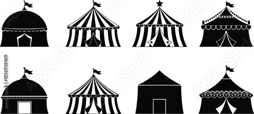 Circus tent silhouettes vector set, carnival fair big top icons, festival entertainment tents, black flat design isolated illustration collection graphic