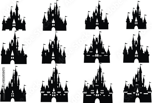 Fantasy castle silhouettes vector set, fairy tale medieval fortress icons, magic kingdom buildings, black royal architecture isolated illustration