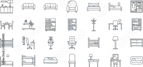 Home furniture outline icons vector set, sofa bed chair wardrobe desk bookshelf interior living room symbols illustration