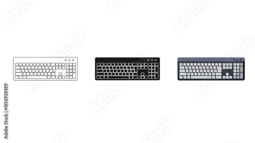 Set of three computer keyboards outline, black, and dark blue, showing different styles and colors of input devices for typing