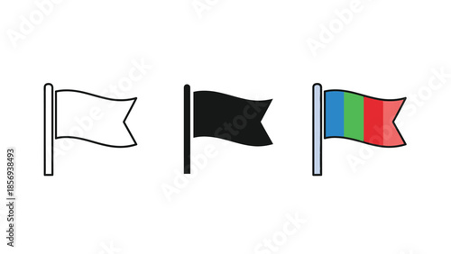 Set of three flag icons outline, solid black and colorful with blue green and red stripes