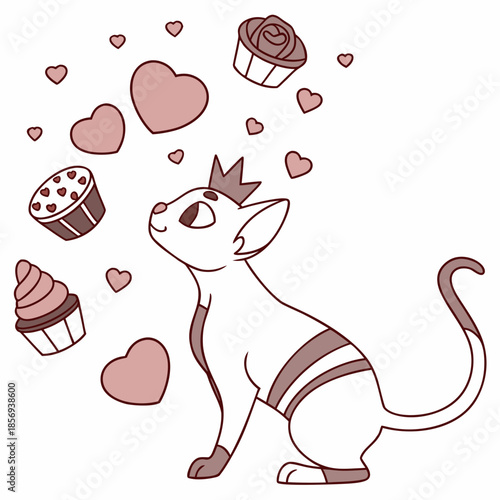 Valentine Blush themed SVG: Funny Sphynx cat with with a tiny crown in a Valentine environment
