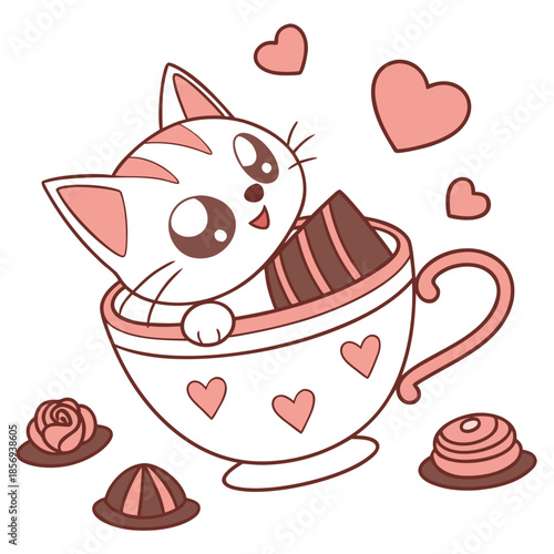 Charming SVG of a Shy Sphynx cat featuring in a teacup, styled in a Valentine theme with Valentine Blush hues
