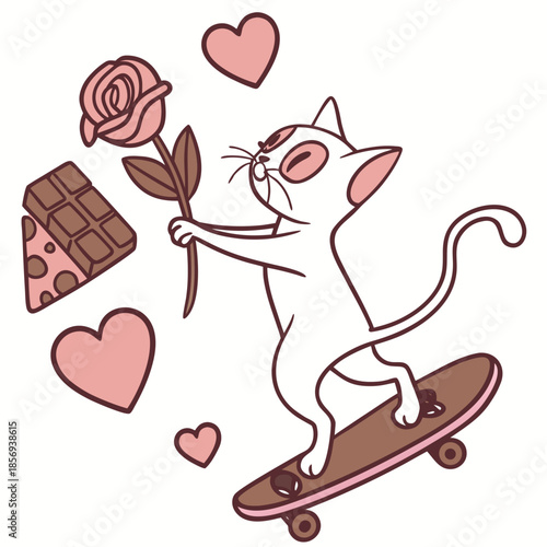 A Shy Sphynx cat with riding a skateboard in a Valentine theme – Valentine Blush palette SVG illustration