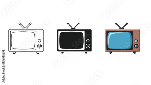 Set of three vintage television icons, line art, solid silhouette and color illustration, retro technology concept