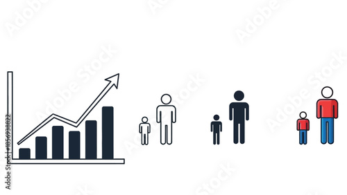 Growth chart and people icons representing size difference, population increase, or development stages vector set