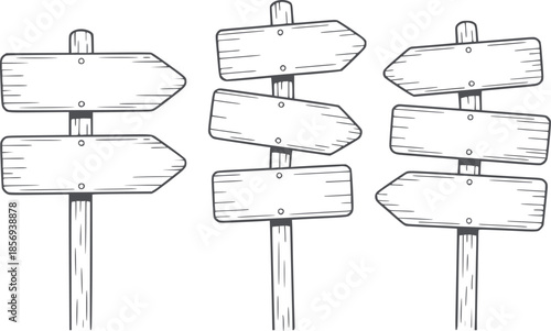 Hand drawn rustic wooden directional signpost with multiple arrows