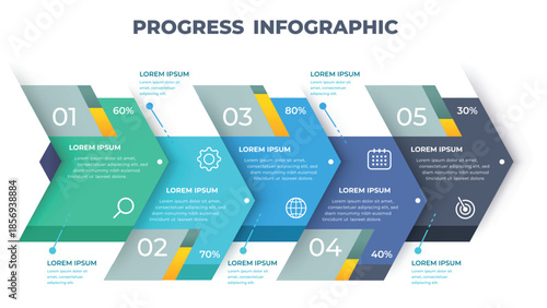 5 Step Business Progress Infographic Template. Overlapping Arrow Process Flow with Percentage Metrics and Strategy Icons. Professional Vector Illustration for Project Status and Growth Reporting