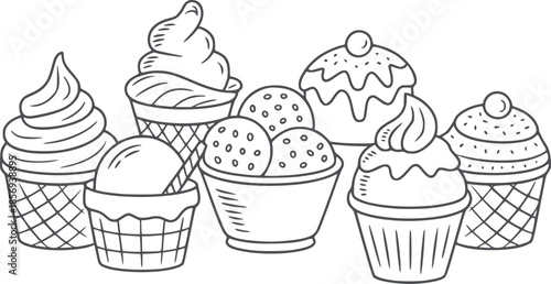 Hand drawn monochrome line featuring various ice cream and desserts