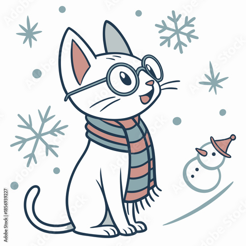 Winter Wonderland themed SVG: Excited Sphynx cat with wearing glasses in a Winter environment