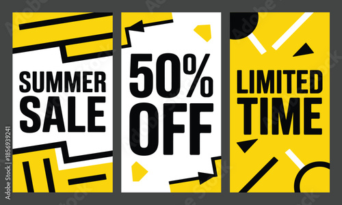 Bold Summer Sale 50% Off vertical banners set for social media marketing, promoting limited time discounts and exciting seasonal offers.