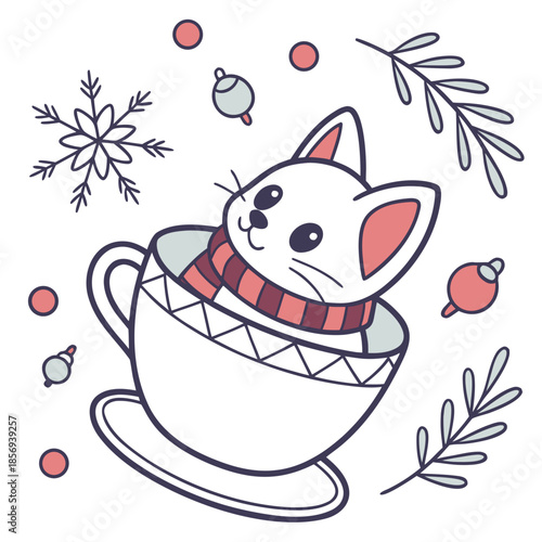 Delightful Funny Sphynx cat in a Winter scene with in a teacup – Winter Wonderland vector illustration