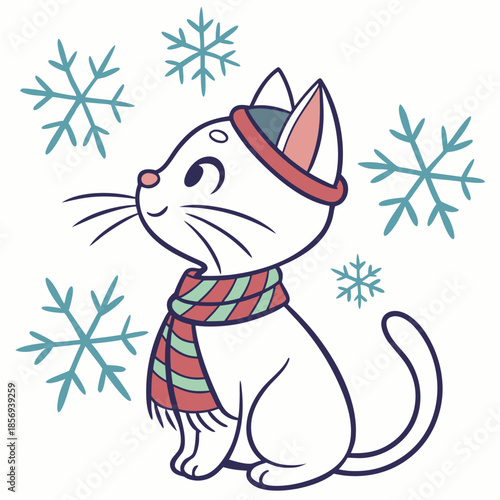 Playful Happy Sphynx cat design, styled with with a tiny crown and Winter Wonderland shades in a Winter setting