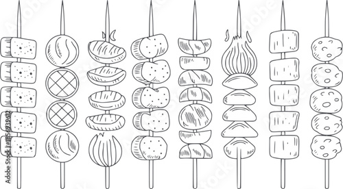 Monochrome line of skewered vegetables and meat sticks
