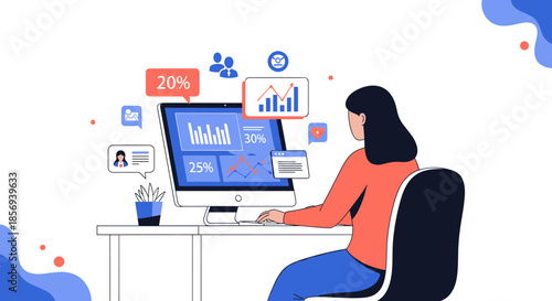 Professional woman sitting at a desk and analyzing complex business data, charts, and statistics on a computer.